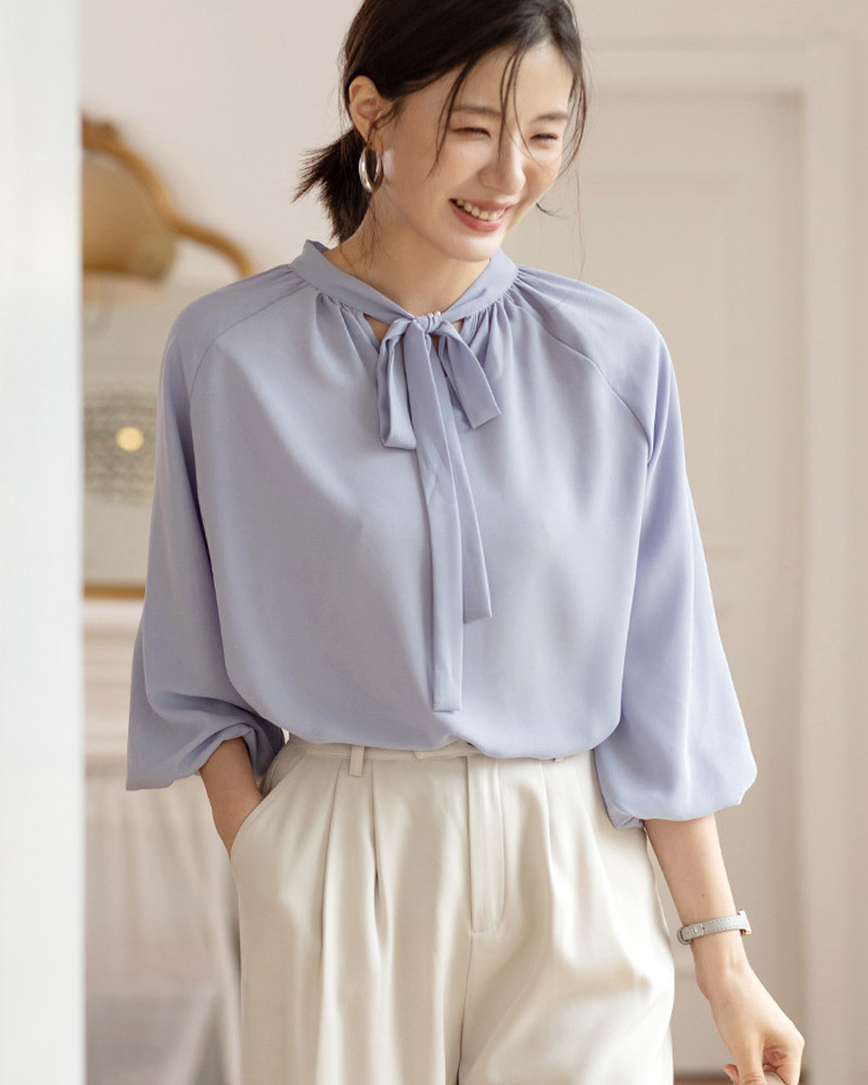 DEER.W 蝴蝶領結澎袖雪紡上衣 藍紫