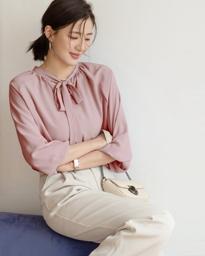 DEER.W 蝴蝶領結澎袖雪紡上衣 粉色