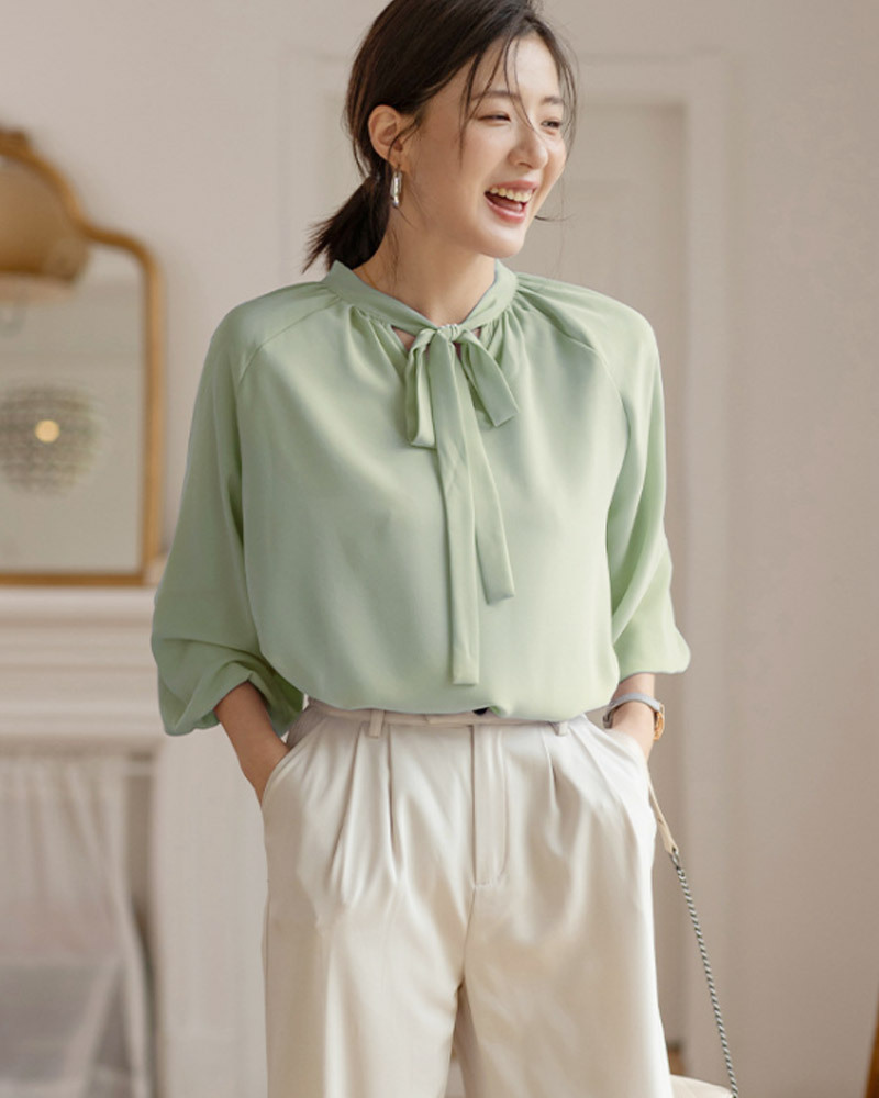 DEER.W 蝴蝶領結澎袖雪紡上衣 綠色