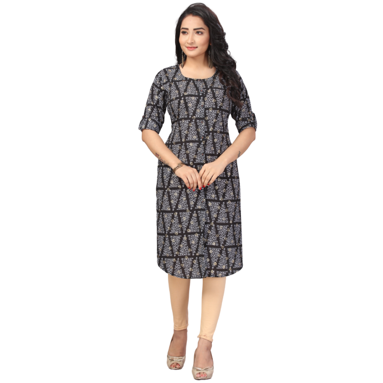 Women Black White Printed Poly Blackbery Straight Long Kurti Top Q1400