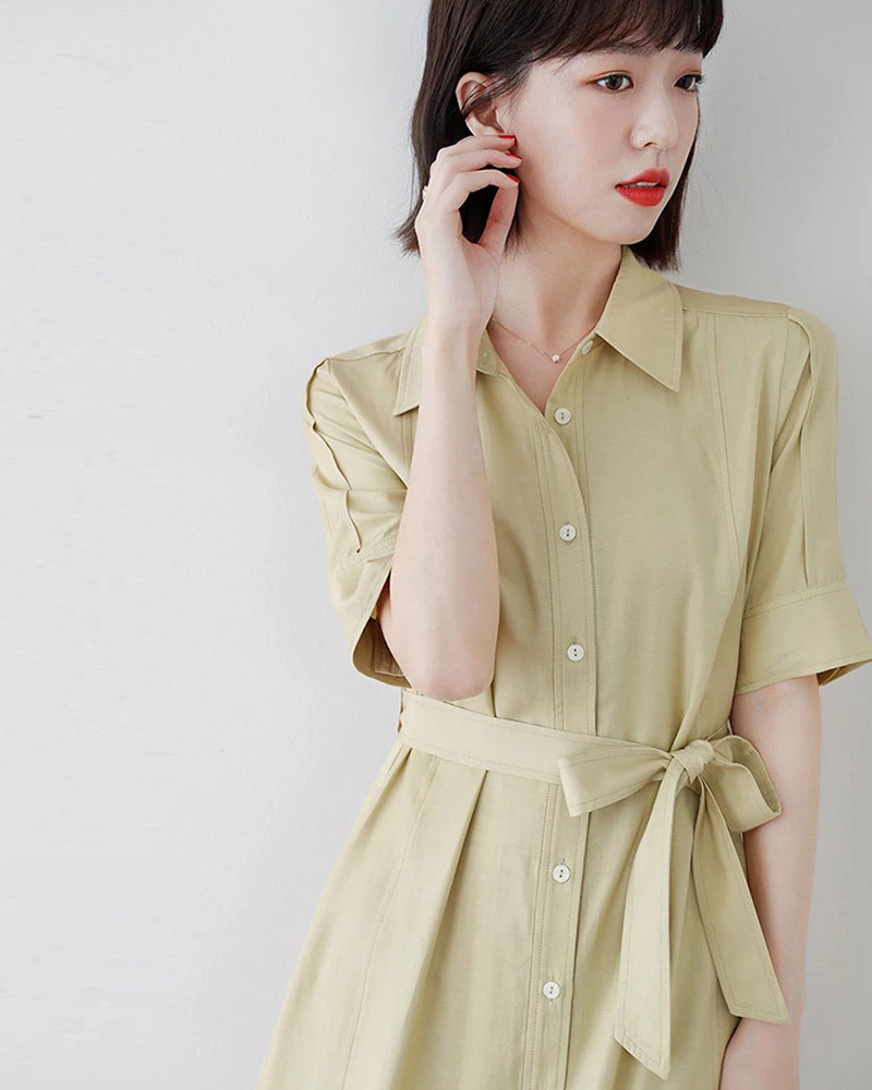 DEER.W 翻領雙口袋排釦綁帶洋裝