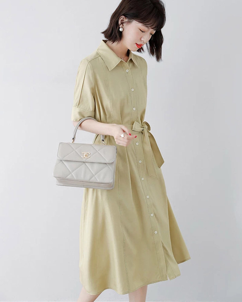 DEER.W 翻領雙口袋排釦綁帶洋裝