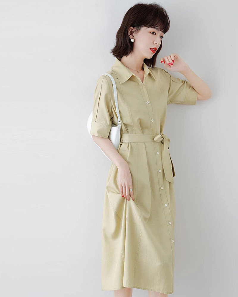 DEER.W 翻領雙口袋排釦綁帶洋裝