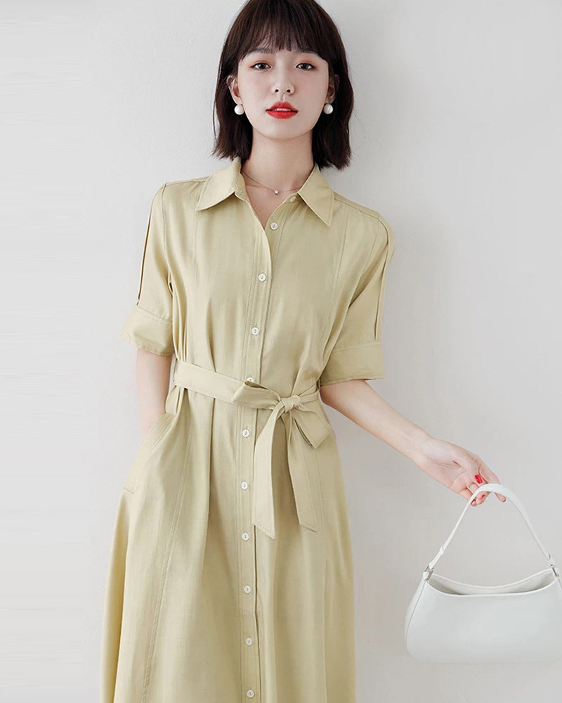 DEER.W 翻領雙口袋排釦綁帶洋裝