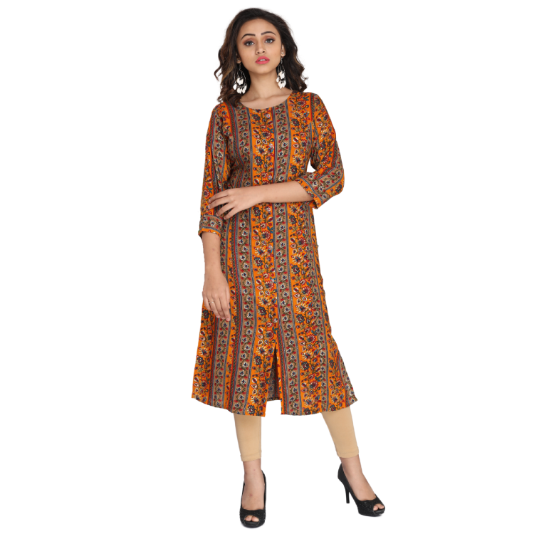Women Yellow Lurex Capsule Foil Straight Kurti Q1440