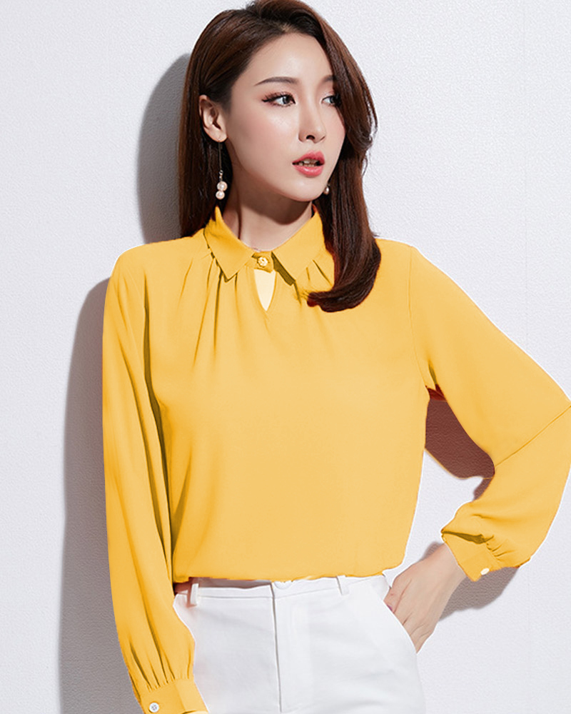 薑黃L【零碼出清不退換】挖空鑽釦立領雪紡上衣
