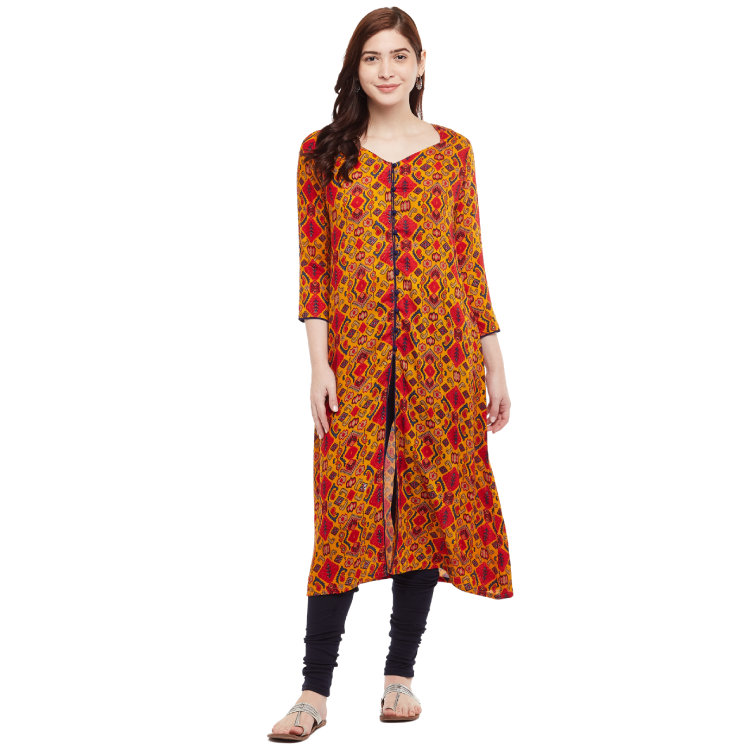 Women Yellow Rayon A Line Maxi Kurti Dress Q1396