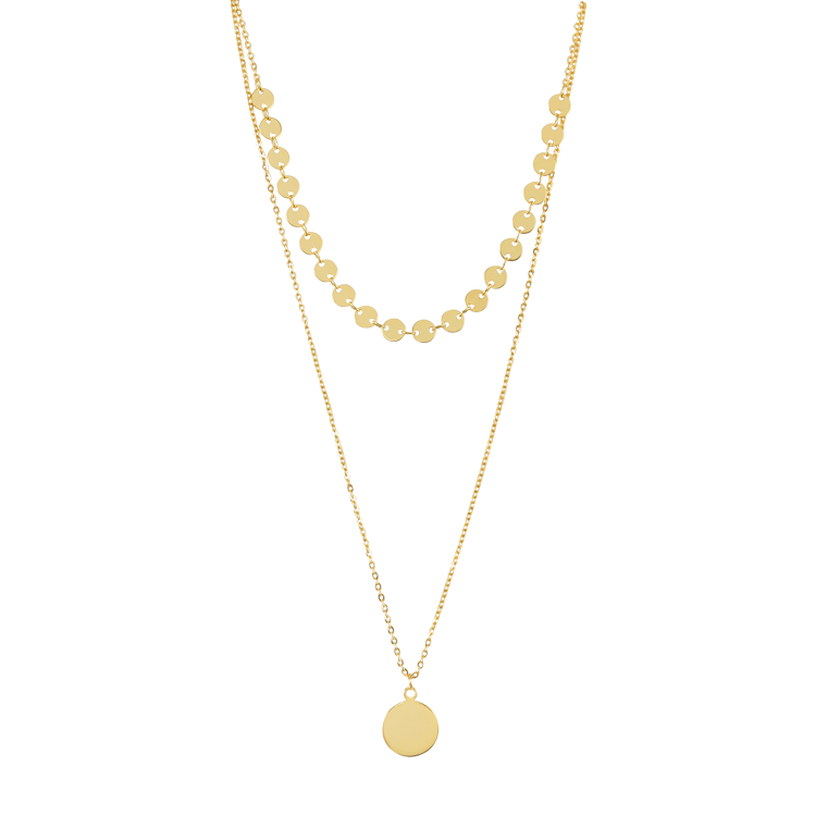 純銀項鍊，女士項鍊 雙層鎖骨鍊；小巧亮面圓片造型 簡約典雅風（1858金色）