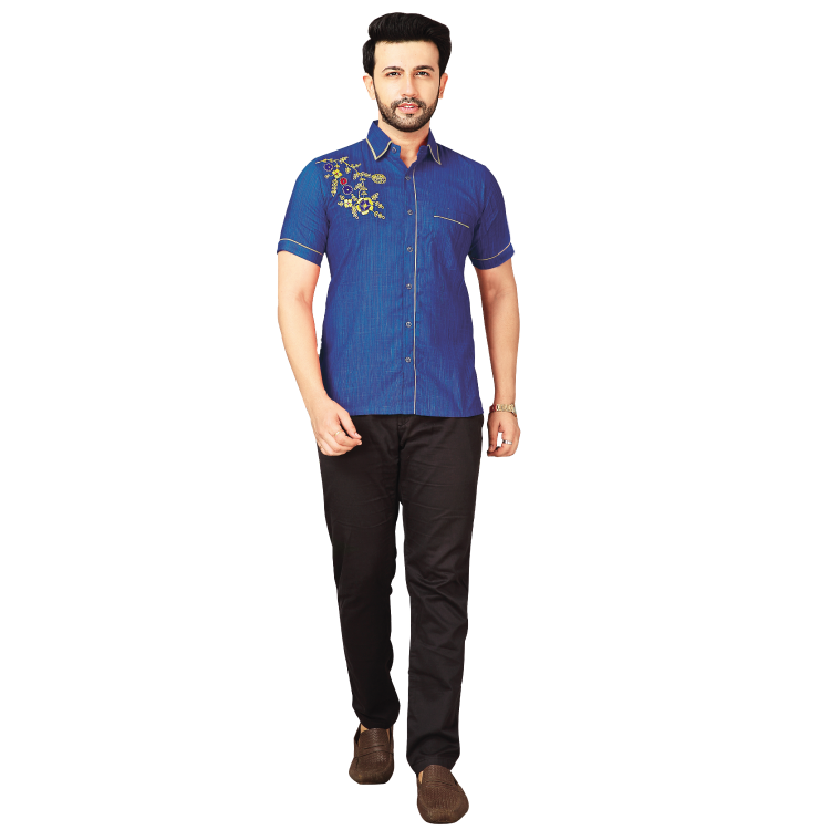 Men Blue 2 Tone With Embroidery Kurta Shirt Q1344