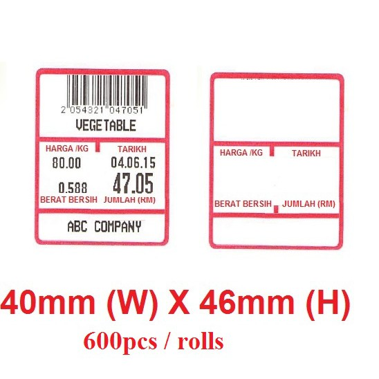 WEIGHING SCALE THERMAL LABEL STICKER 40MM X 46MM (600 PCS/ROLL)