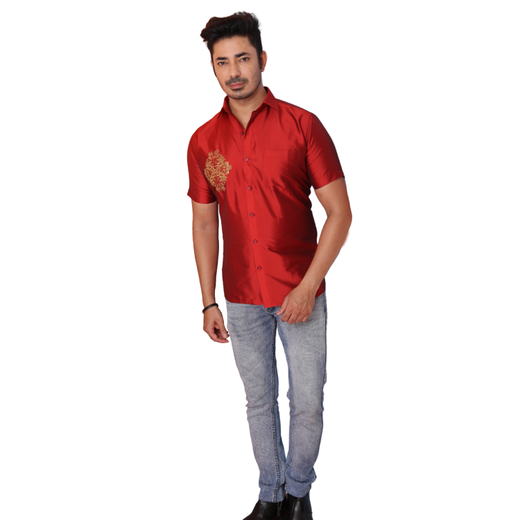 Men Red Soft Silky Embroidered Kurta Shirt With Chest Pocket Q1497