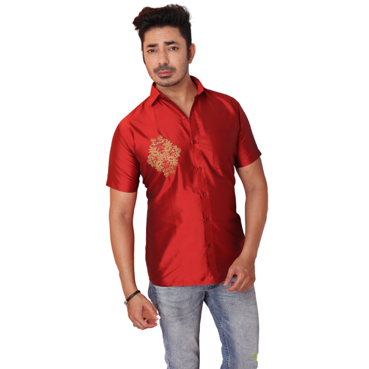 Men Red Soft Silky Embroidered Kurta Shirt With Chest Pocket Q1497