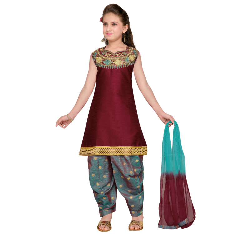 Girl Maroon Gold Embroidered On Neckline Top Patiala Pant And Dupatta Q0948