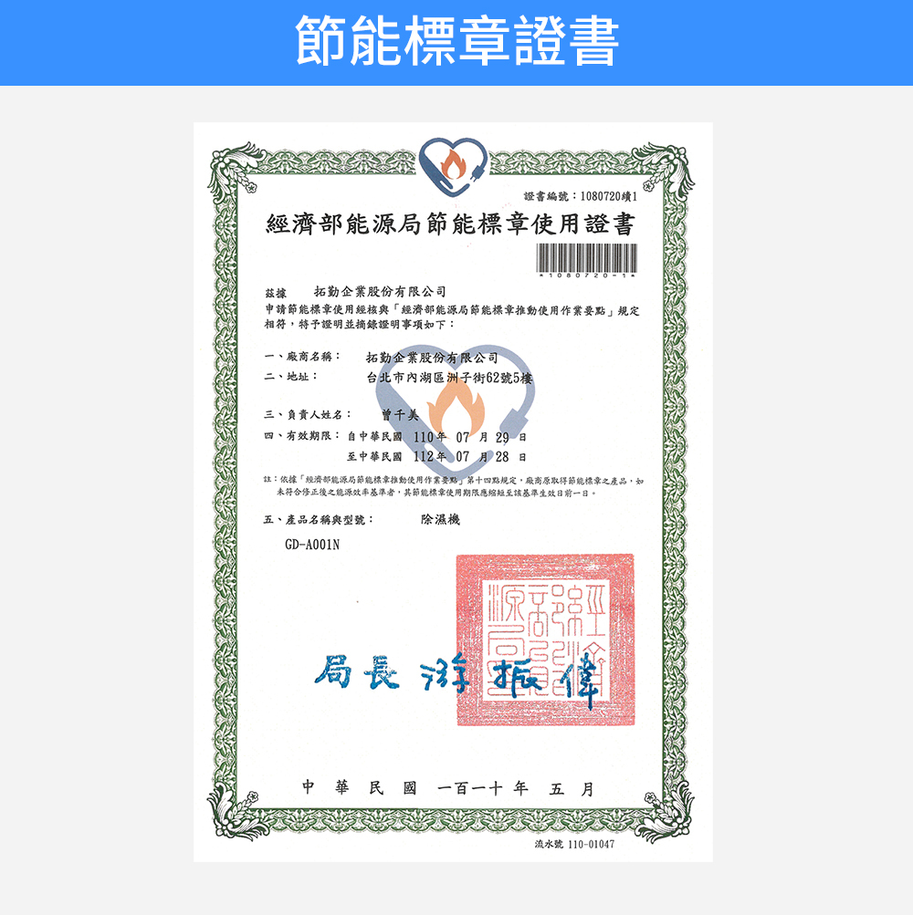 節能標章證書證書編號:10807201經濟部能源局節能標章使用證書據拓勤企業股份有限公司申請節能標章使用經核與經濟部能源局節能標章推動使用作業要點」規定相符,特予證明並摘錄證明事項如下:一、廠商名稱:拓勤企業股份有限公司二、地址:台北市湖區洲子街62號5樓三、負責人姓名:曾千美四、有效期限: 自中華民國 110年07月29日至中華民國112年07月28日註:依據「經濟部能源局節能標章推動使用作業要點」第十四點規定,廠商原取得節能標章之產品,如未符合修正後之能源效率基準者,其節能標章使用期限應縮短至該基準生效日前一日。五、產品名稱與型號:除濕機GD-A001N局長游振300中華民國一百一十年五月流水號 110-01047