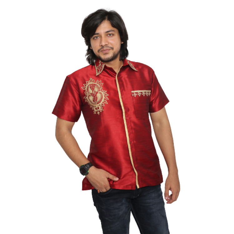 Men Red Silky Embroidered Kurta Shirt With Chest Pocket Q1496