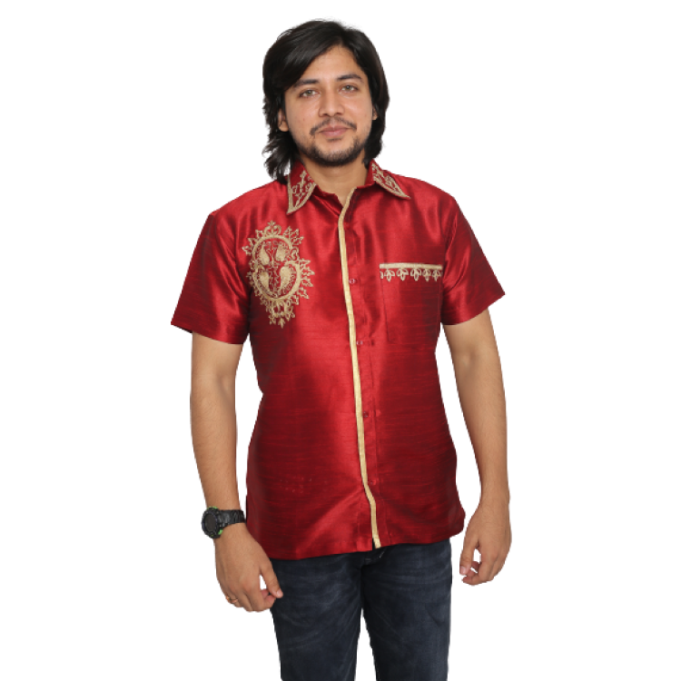 Men Red Silky Embroidered Kurta Shirt With Chest Pocket Q1496