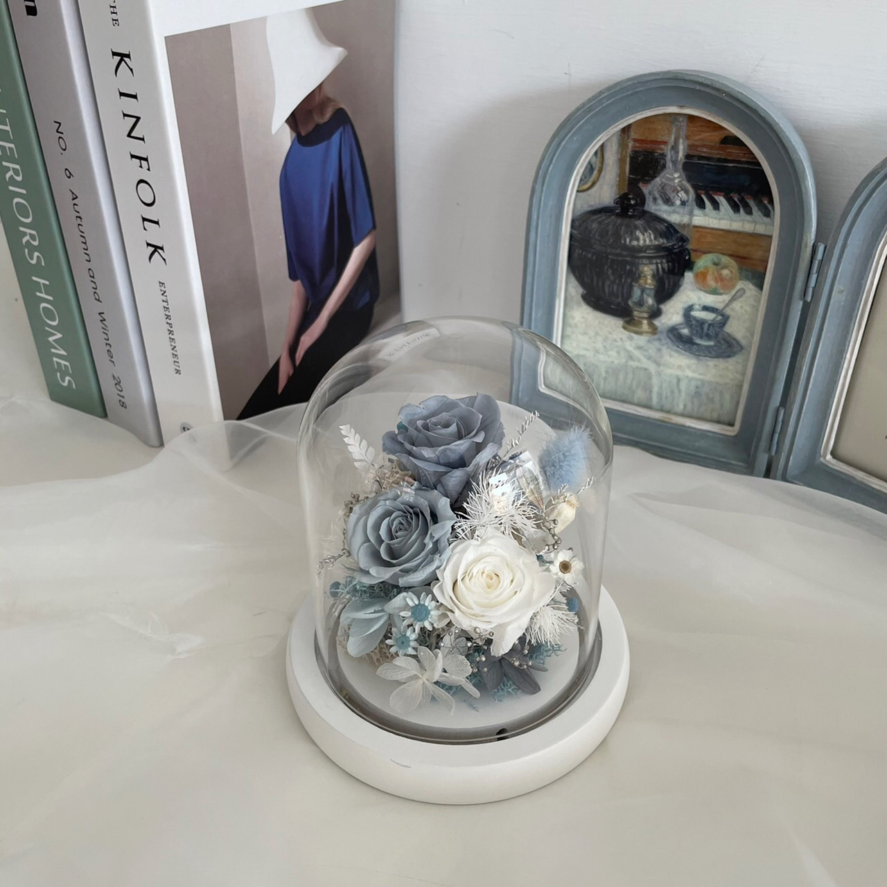 迷你永生花夜燈-韓系莫蘭迪灰藍
