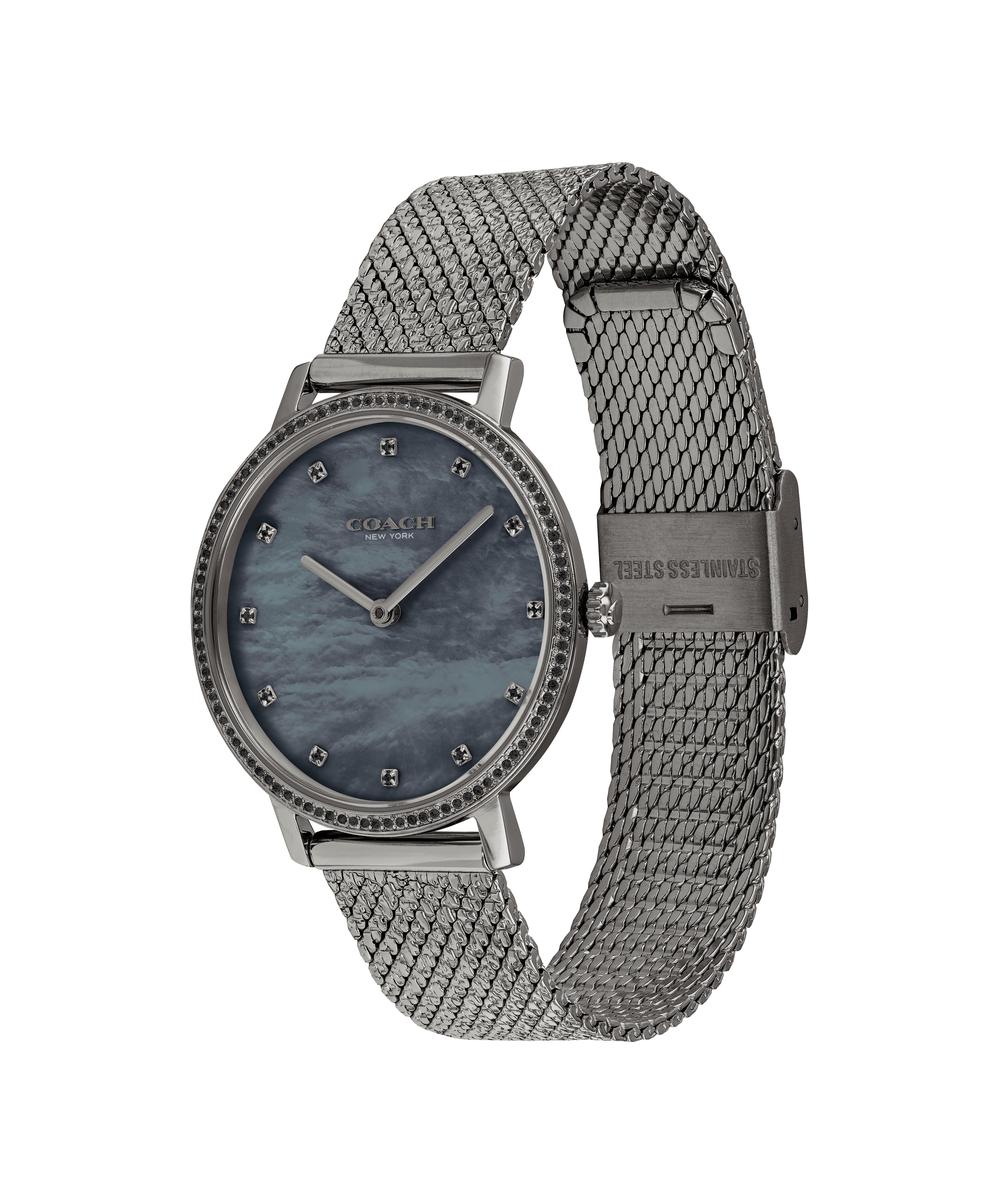 萬年鐘錶 - COACH錶   神秘鐵礦黑灰晶鑽貝殼錶面經典米蘭錶帶女錶  14503829   錶徑35MM