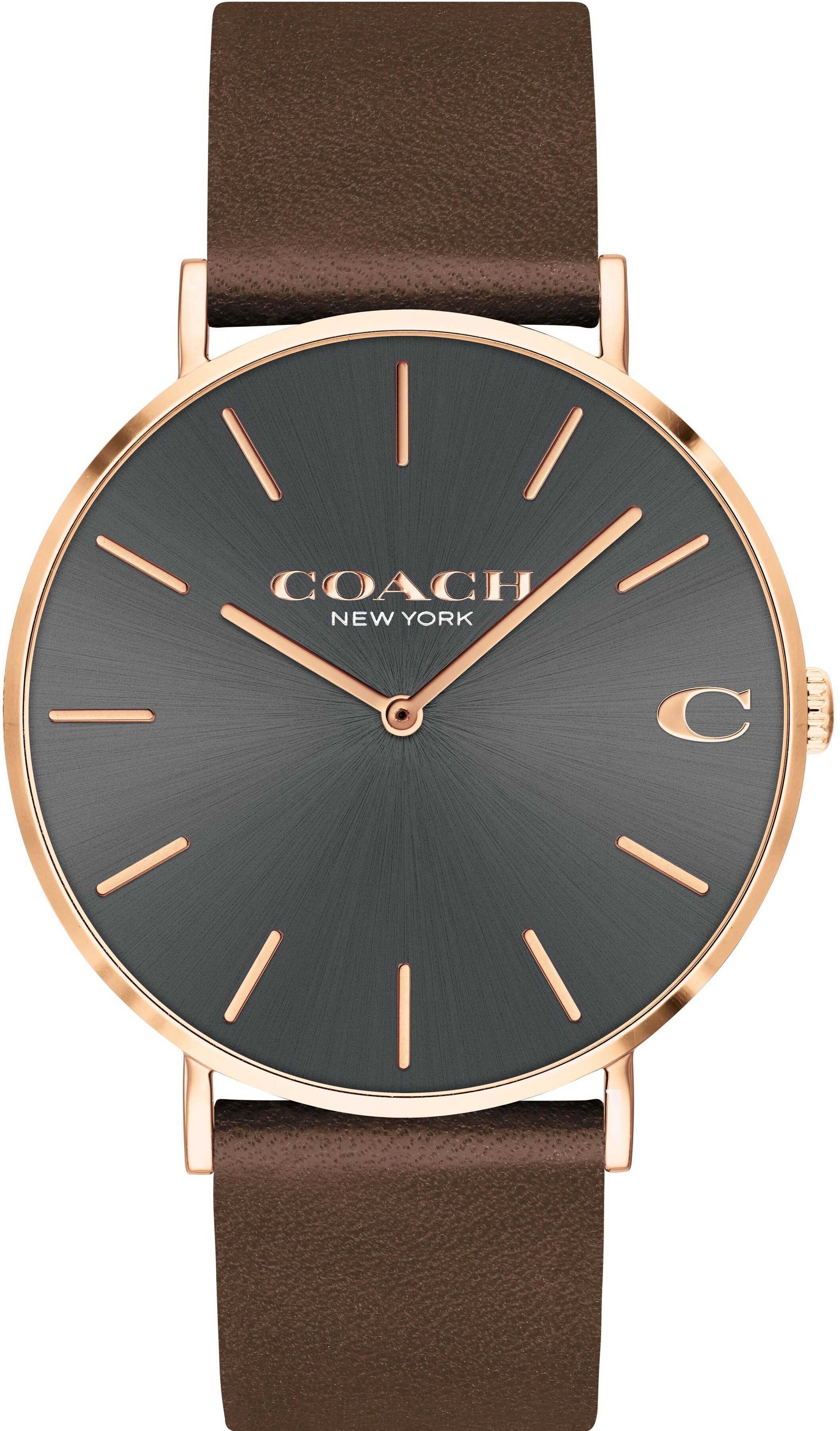 萬年鐘錶 - COACH錶   灰面玫瑰金外框咖啡皮革款經典男錶  14602549  錶徑41MM