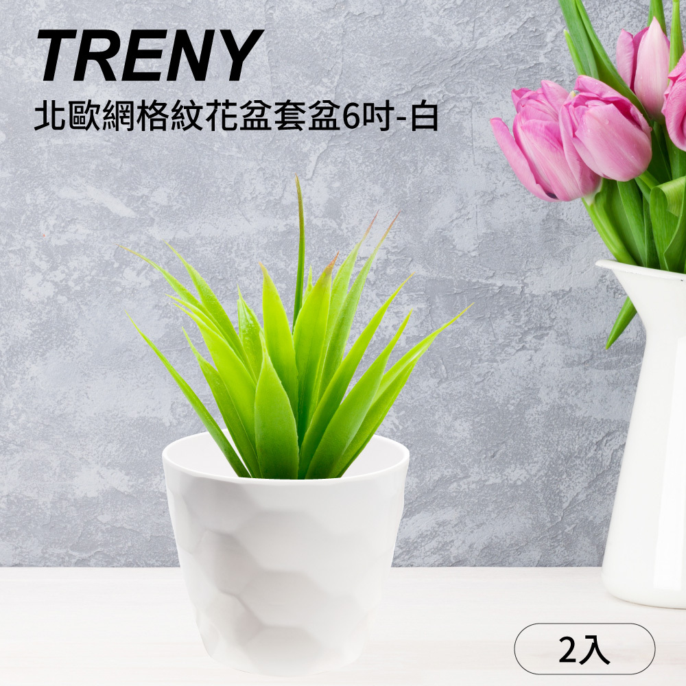 北歐網格紋花盆套盆6吋白 - 2入