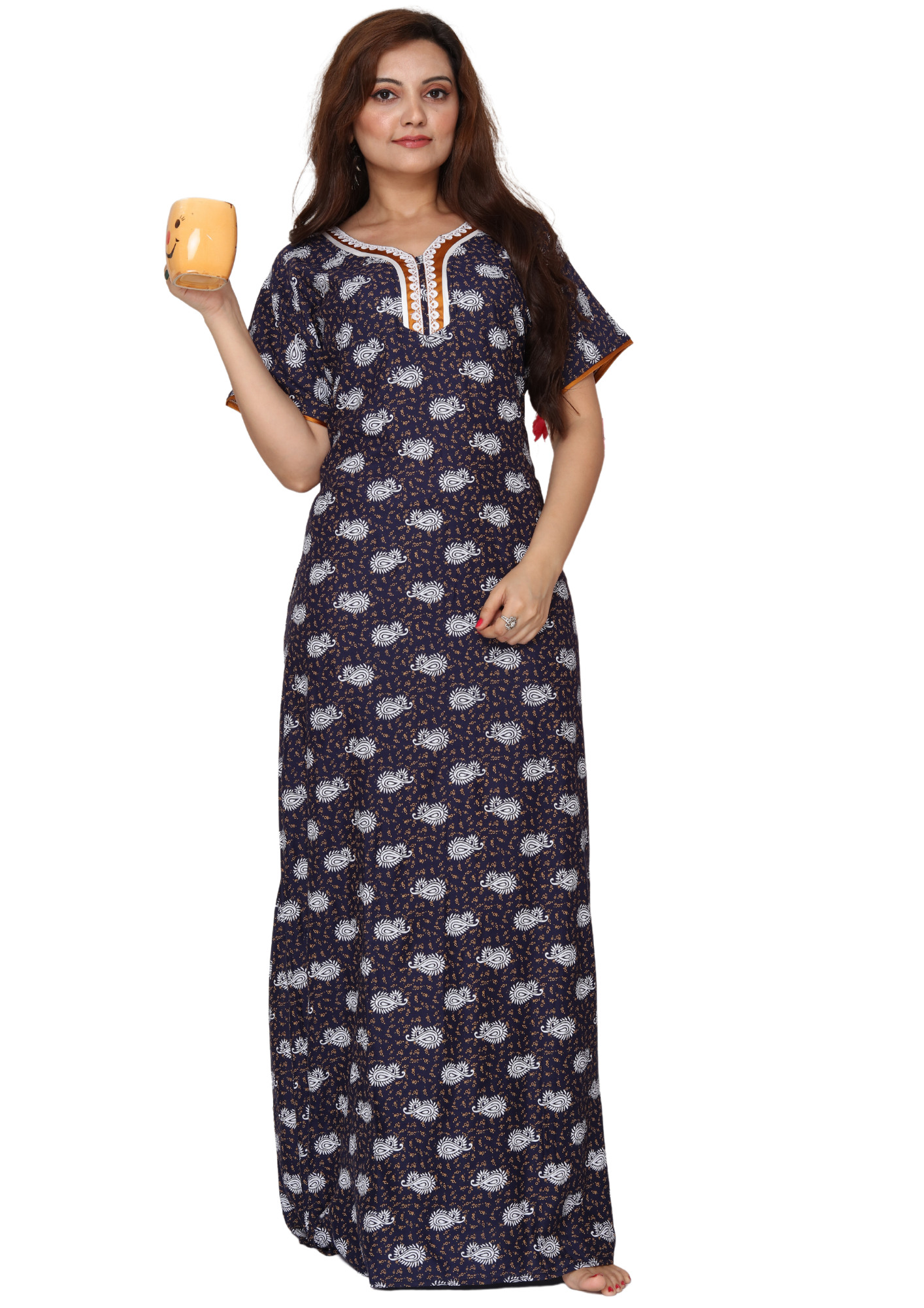 Women Navy Blue Rayon hand Washable Maxi Night House Coat Q1511