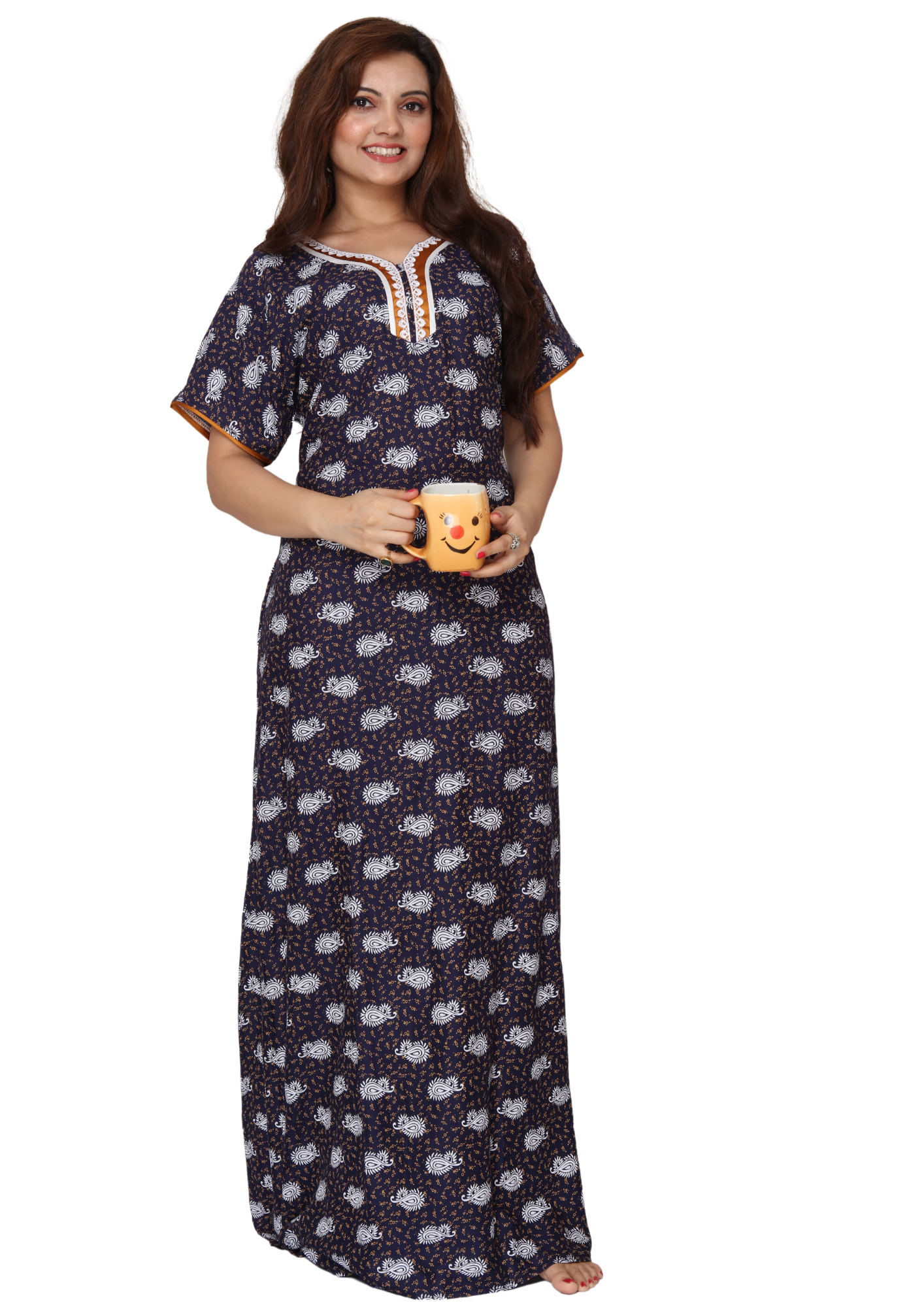 Women Navy Blue Rayon hand Washable Maxi Night House Coat Q1511