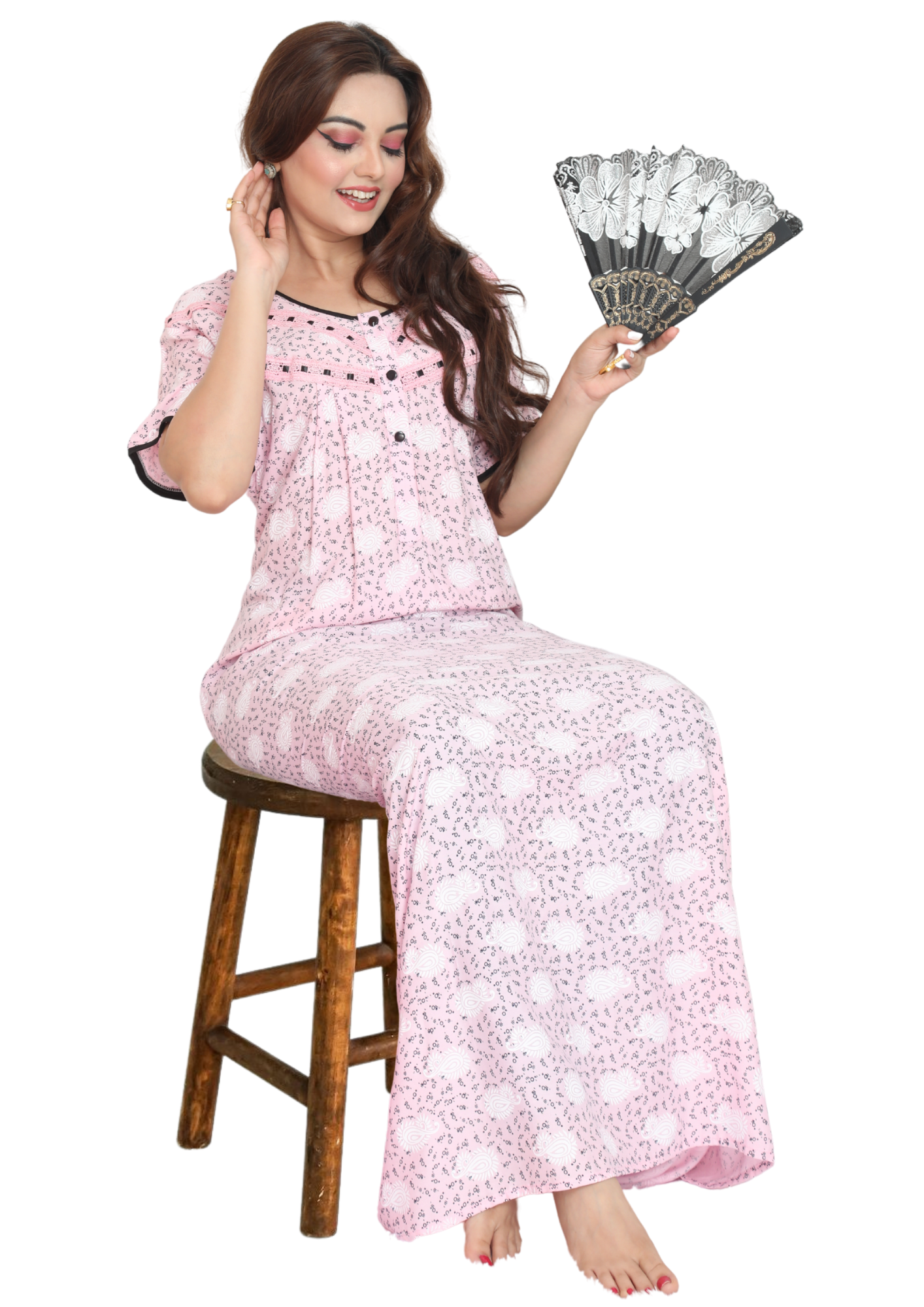 Women Pink Rayon Hand Washable Maxi Night Housecoat Sleepwear Q1514