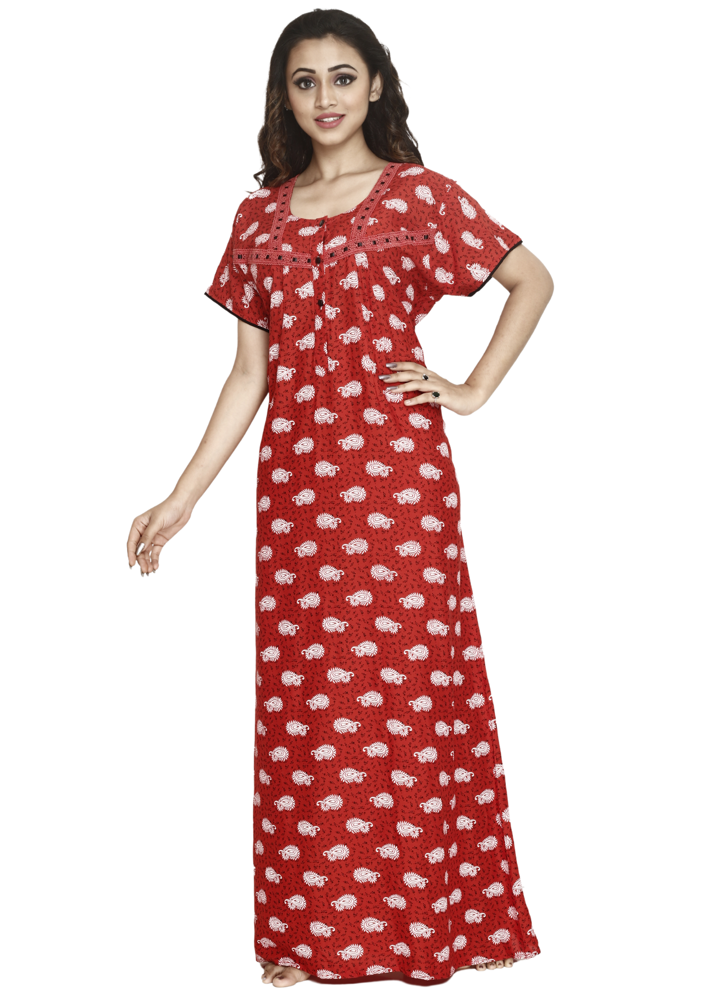 Women Red Rayon Hand Washable Maxi Night Housecoat Sleepwear Q1512