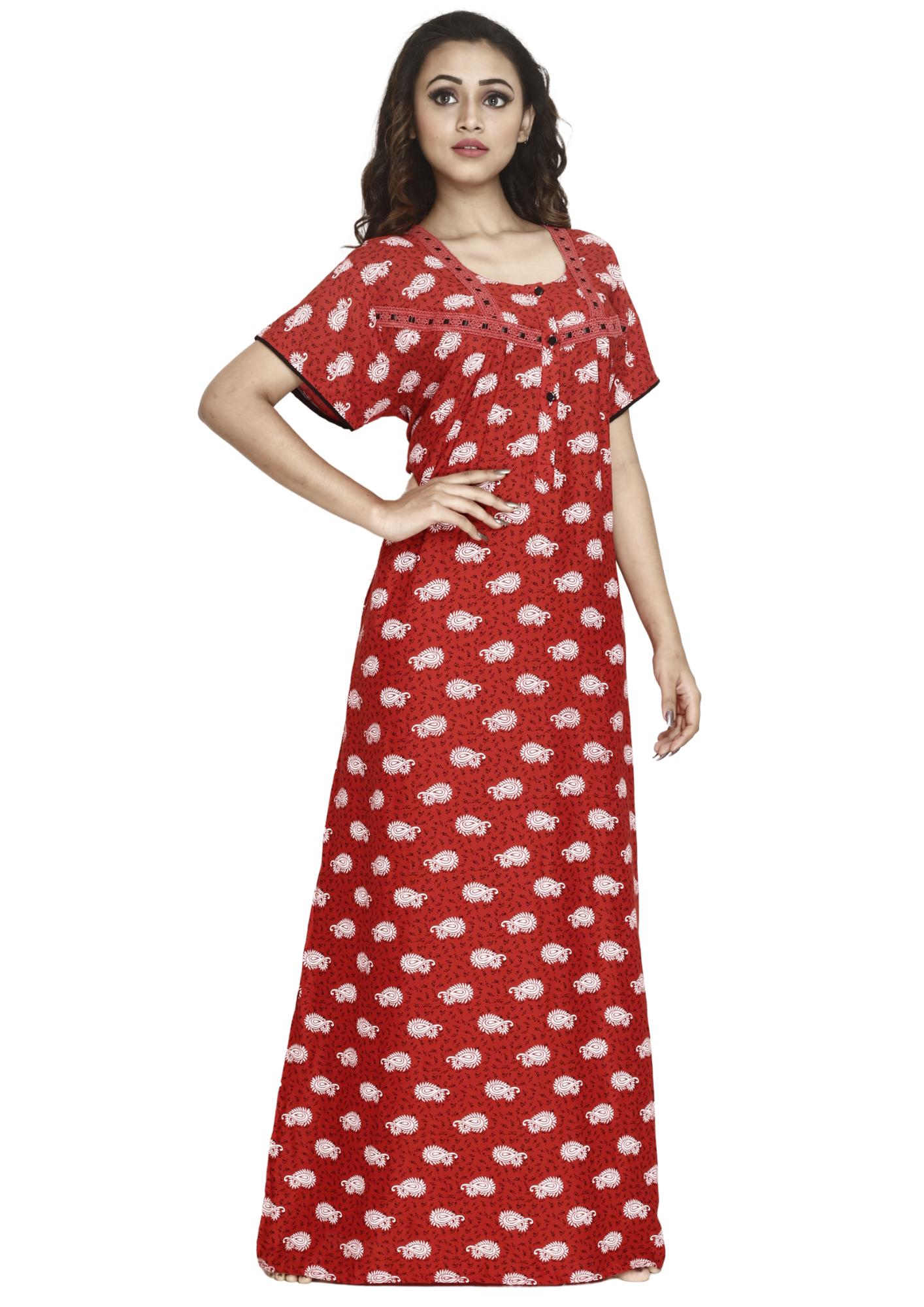 Women Red Rayon Hand Washable Maxi Night Housecoat Sleepwear Q1512
