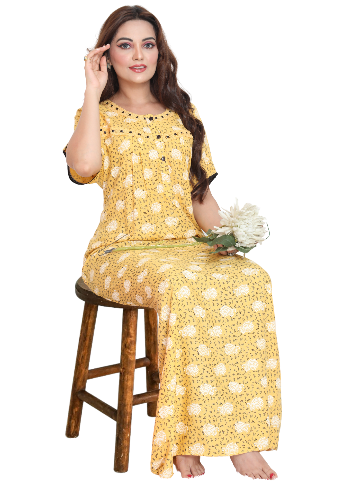 Women Yellow Rayon Hand Washable Maxi Night Housecoat Sleepwear Q1513