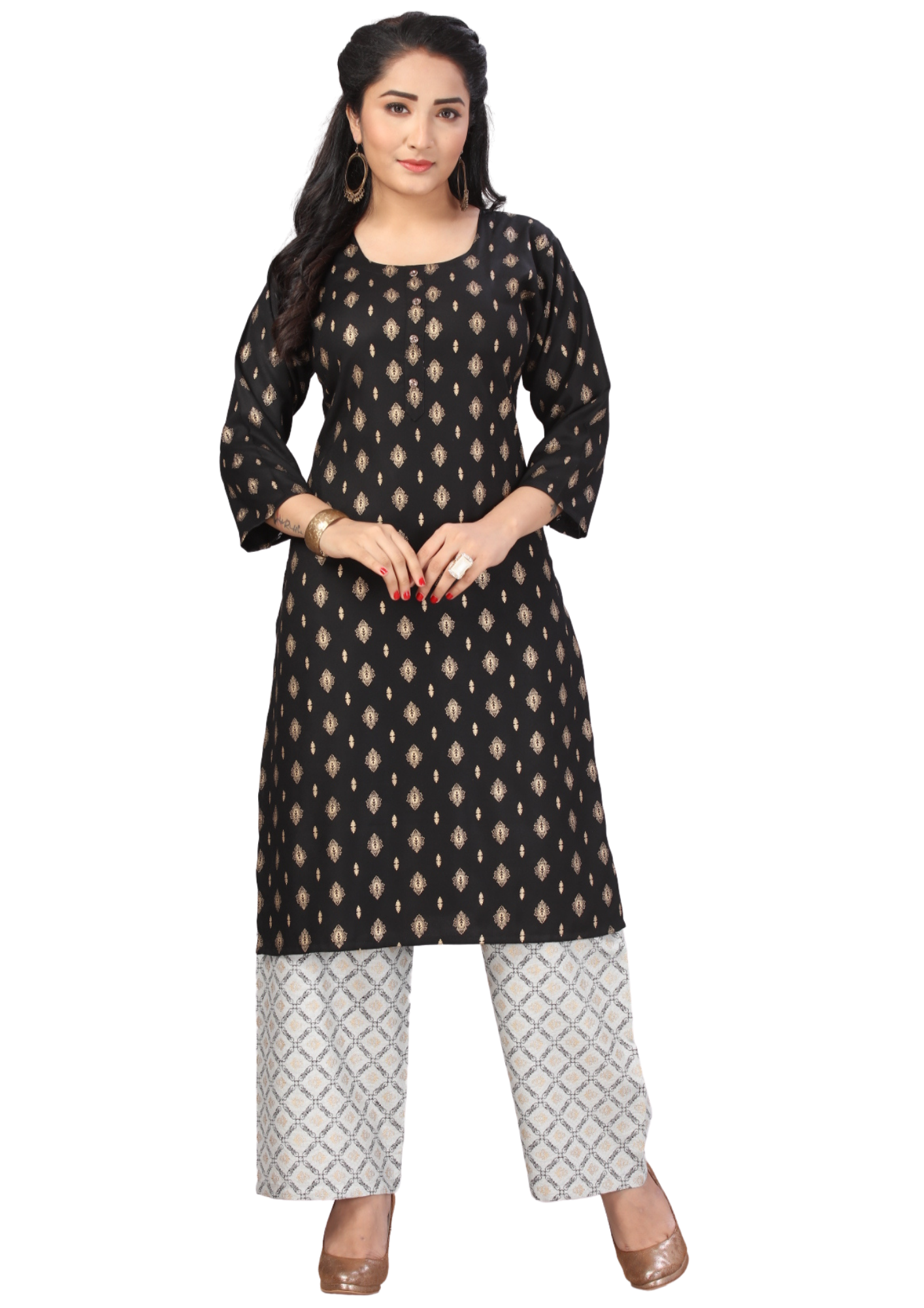 Women Black Top White Pant Gold Print Filafill Cross Straight Kurti Pant Set Q1504