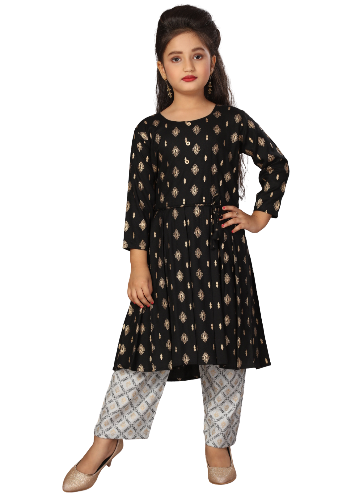 Girl Black Dress Belted White Pant Gold Print Filafill Cross Kurti Pant Q1505