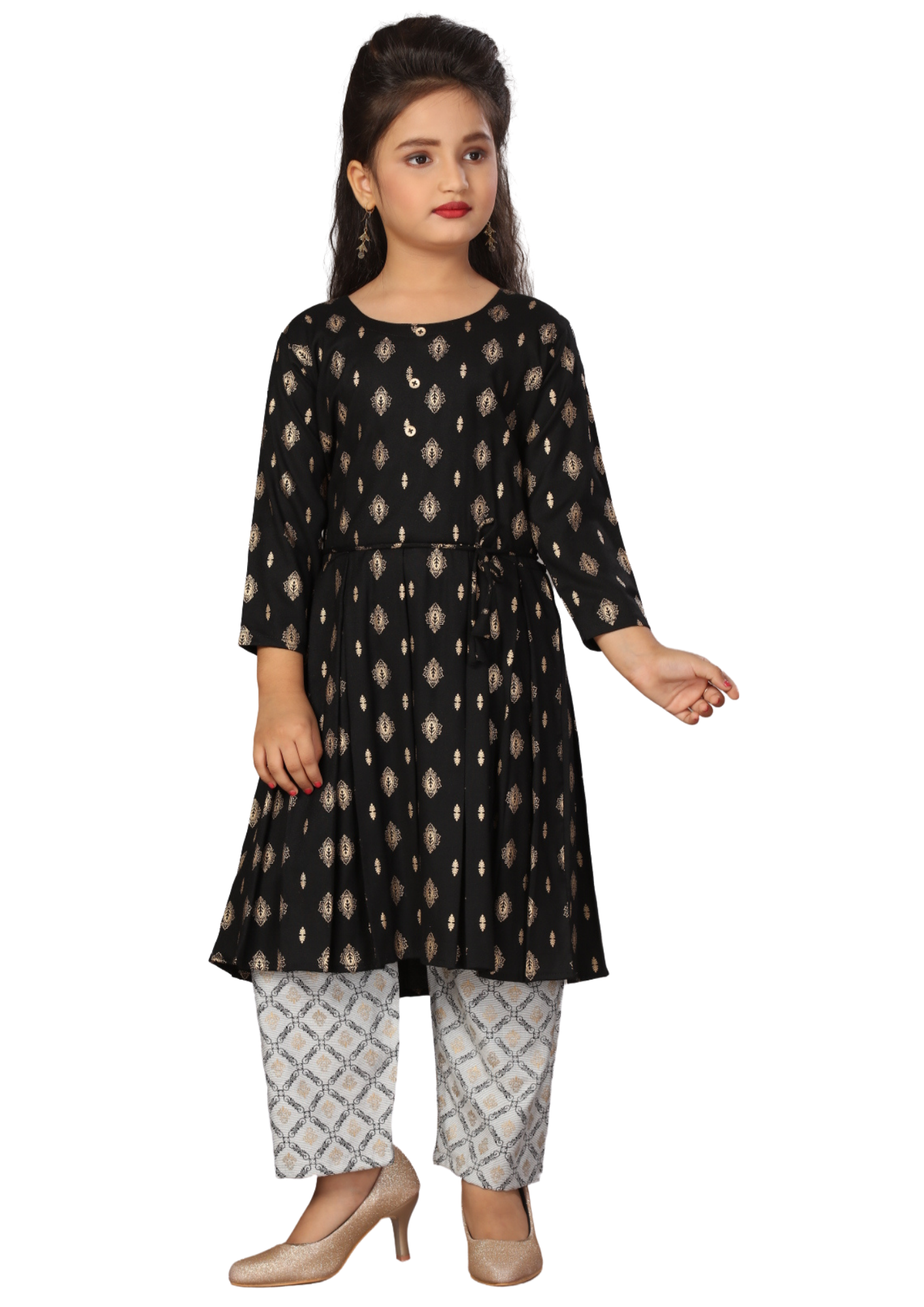 Girl Black Dress Belted White Pant Gold Print Filafill Cross Kurti Pant Q1505