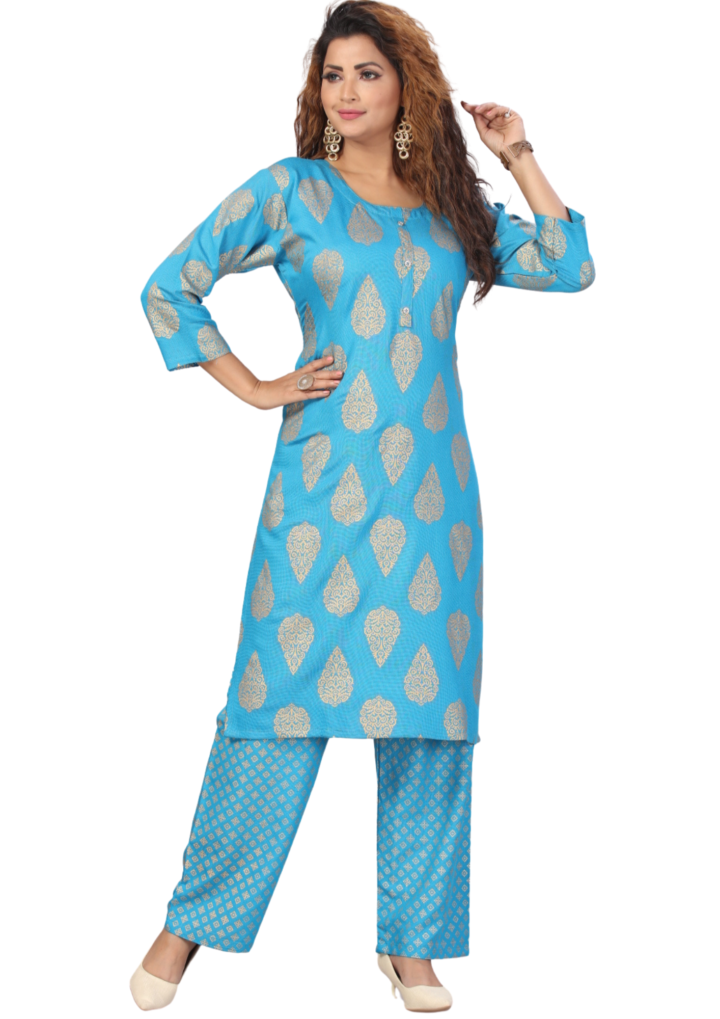 Wome Light Blue Gold Print Filafill Cross Straight Kurti Pant Set Q1506
