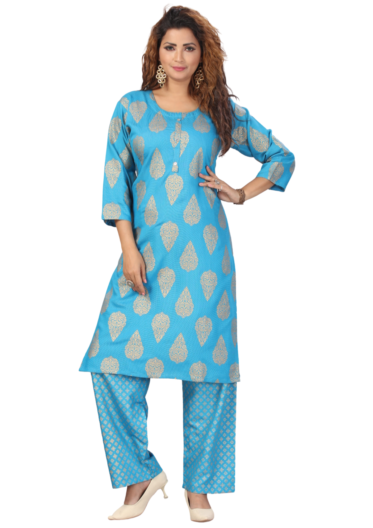 Wome Light Blue Gold Print Filafill Cross Straight Kurti Pant Set Q1506
