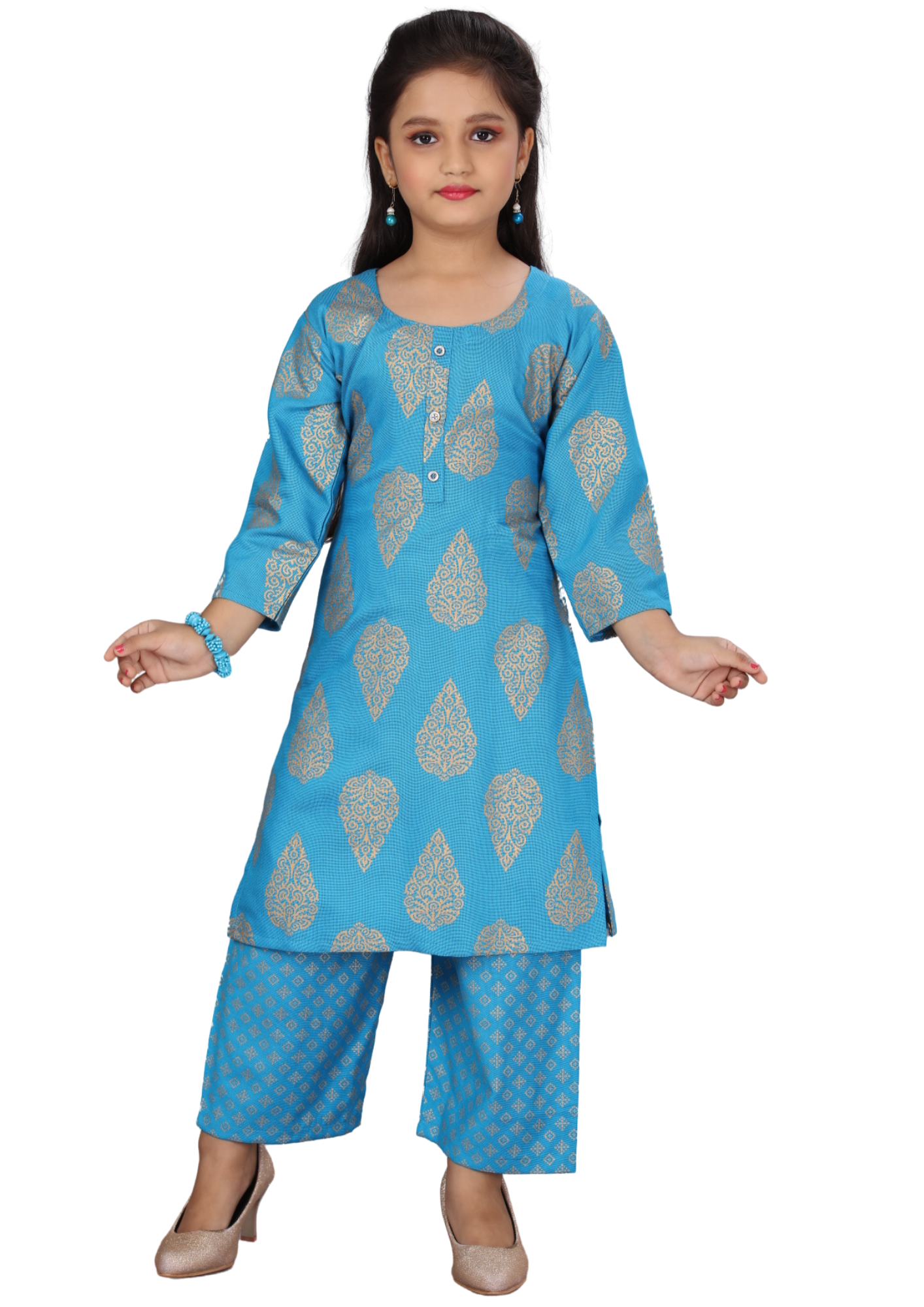 Girl Light Blue Gold Print FIlafill Cross Straight Kurti Pant Set Q1507