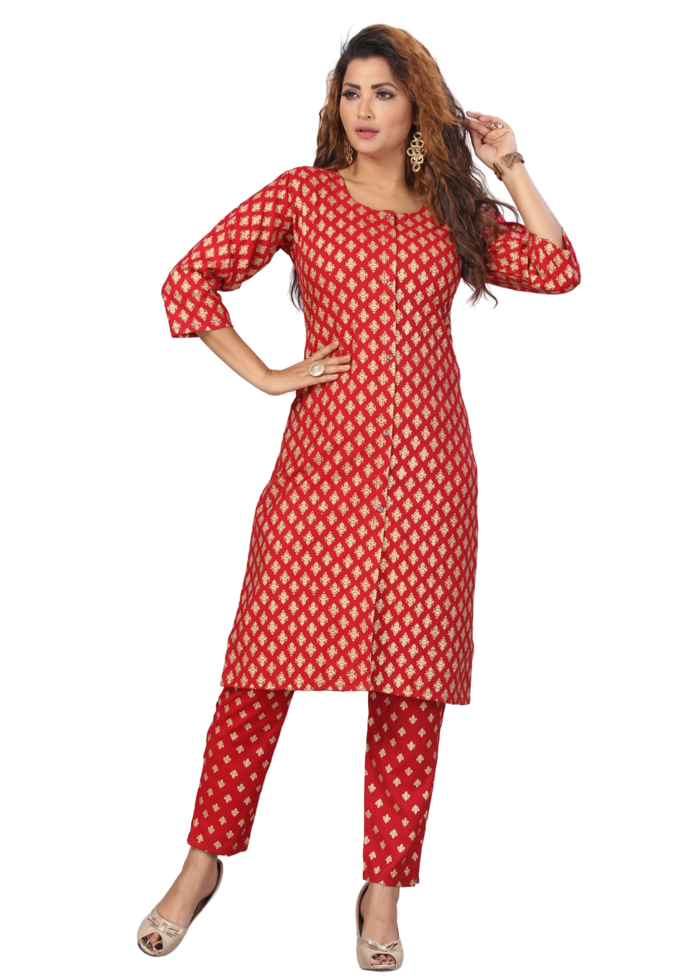 Women Red Gold Print Filafill Cross Straight Kurti Pant Set Q1508
