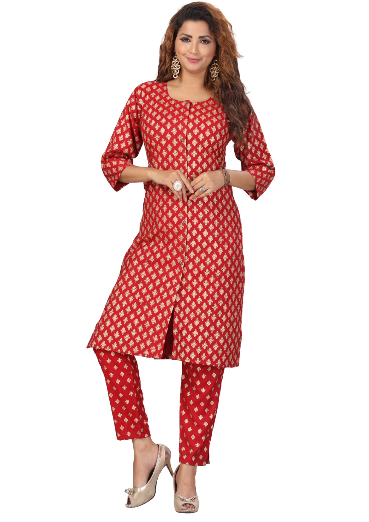 Women Red Gold Print Filafill Cross Straight Kurti Pant Set Q1508