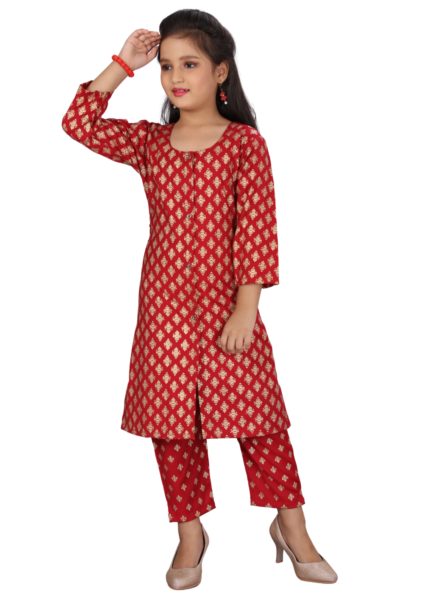 Girl Red Gold Print Filafill Cross Straight Kurti Pant Set Q1509