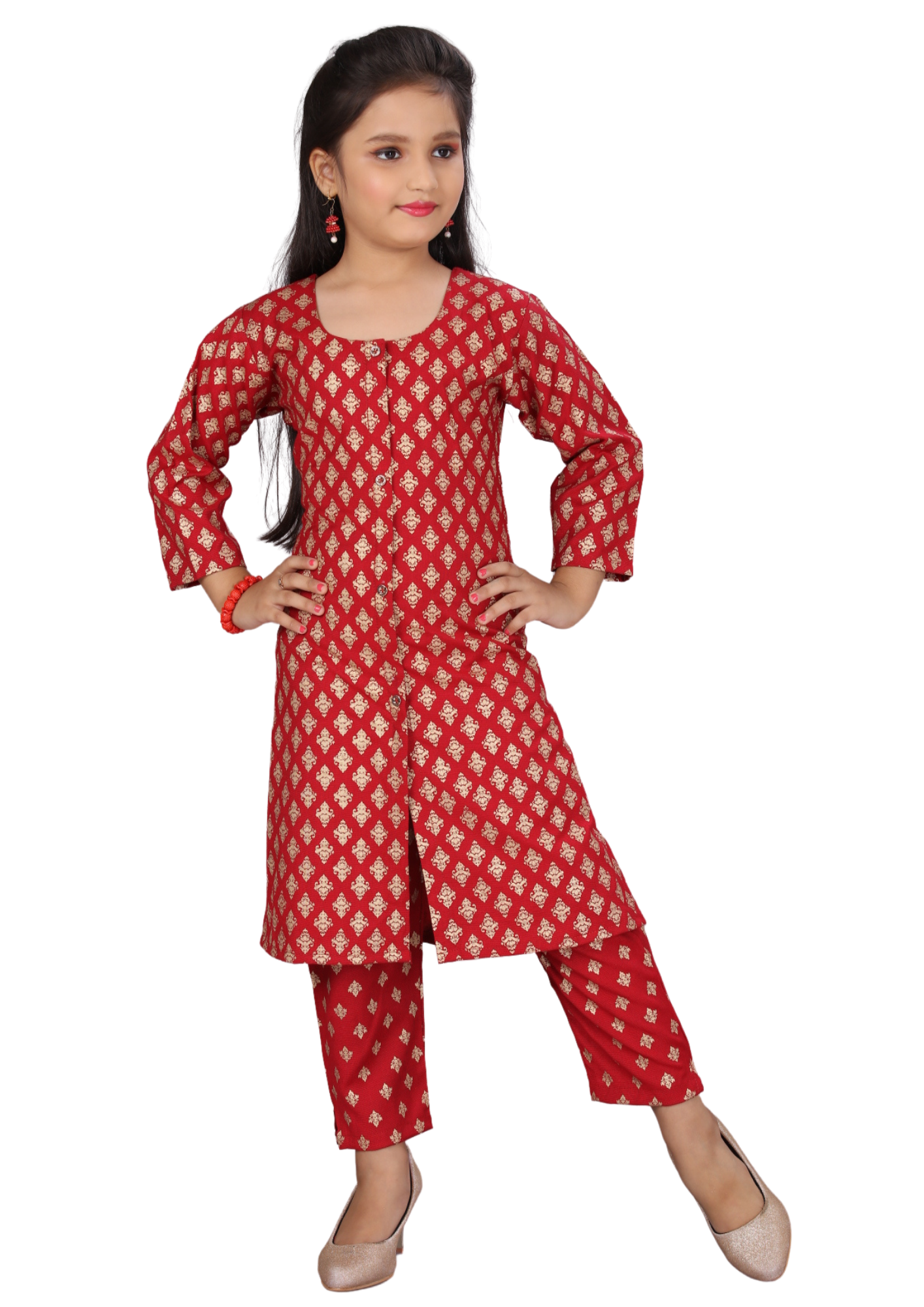 Girl Red Gold Print Filafill Cross Straight Kurti Pant Set Q1509
