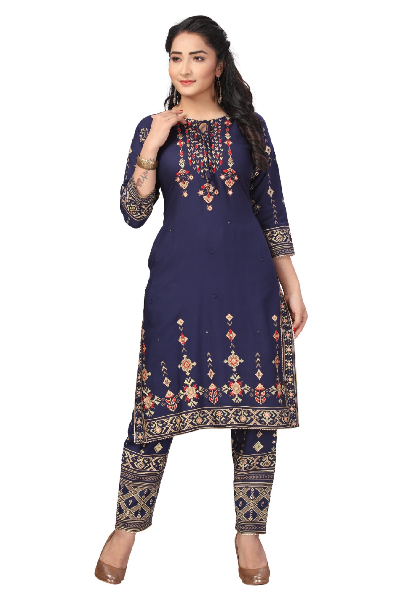 Women Navy Blue Gold Printed Rayon Straight Kurti Pant Set Q1510