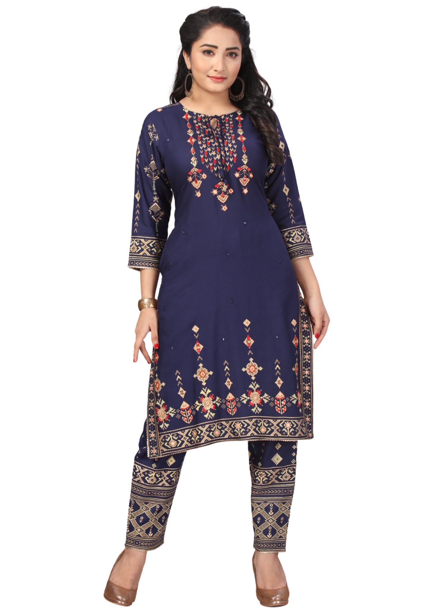 Women Navy Blue Gold Printed Rayon Straight Kurti Pant Set Q1510
