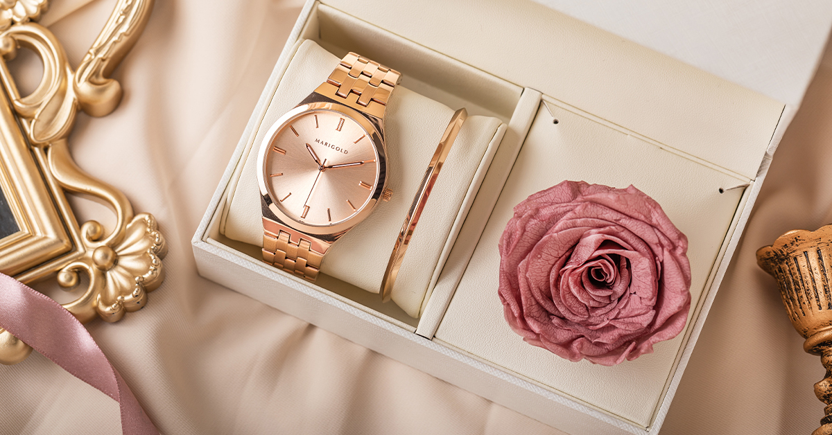 焦茶粉永生玫瑰手錶禮盒