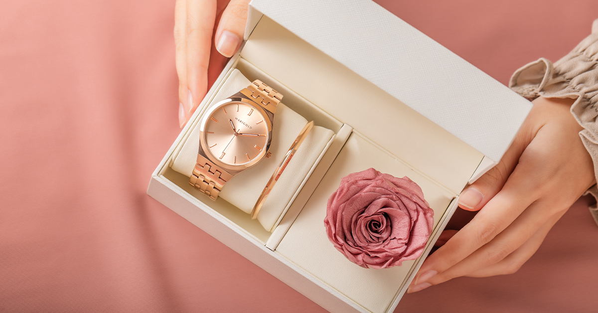 Glamorous 焦茶粉永生玫瑰手錶禮盒