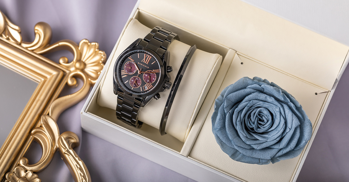 Flipped煙灰藍永生玫瑰手錶禮盒