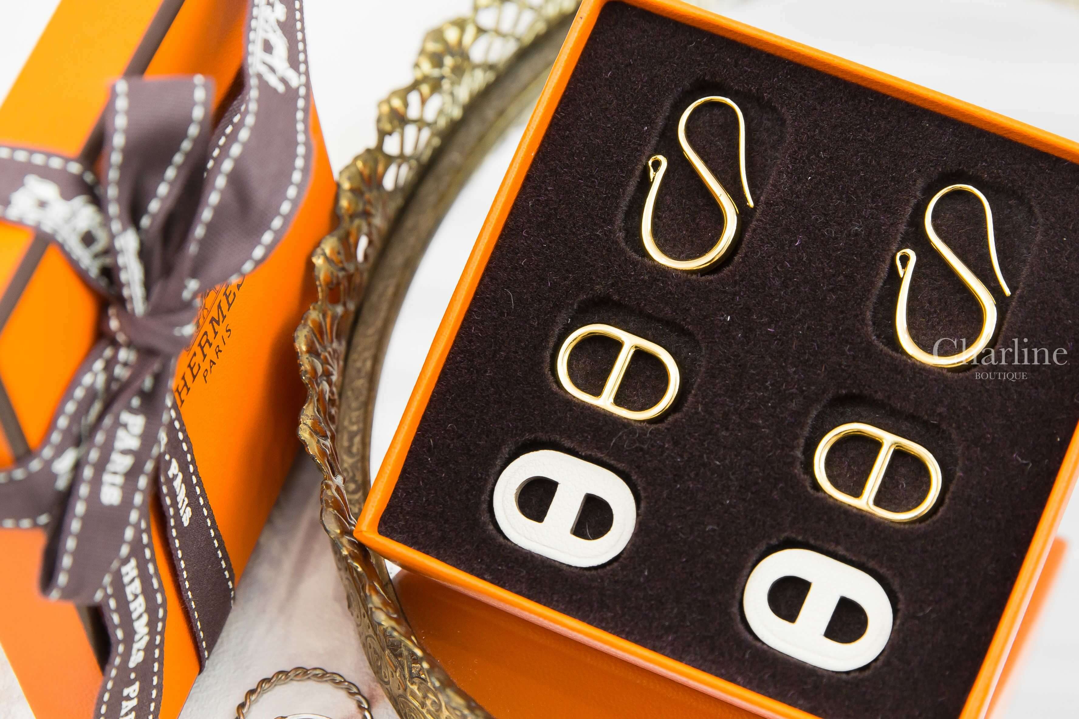 Hermès O'Maillon Earrings 奶油白牛皮金飾θ三件組垂墜耳環-Charline Boutique 精品代購