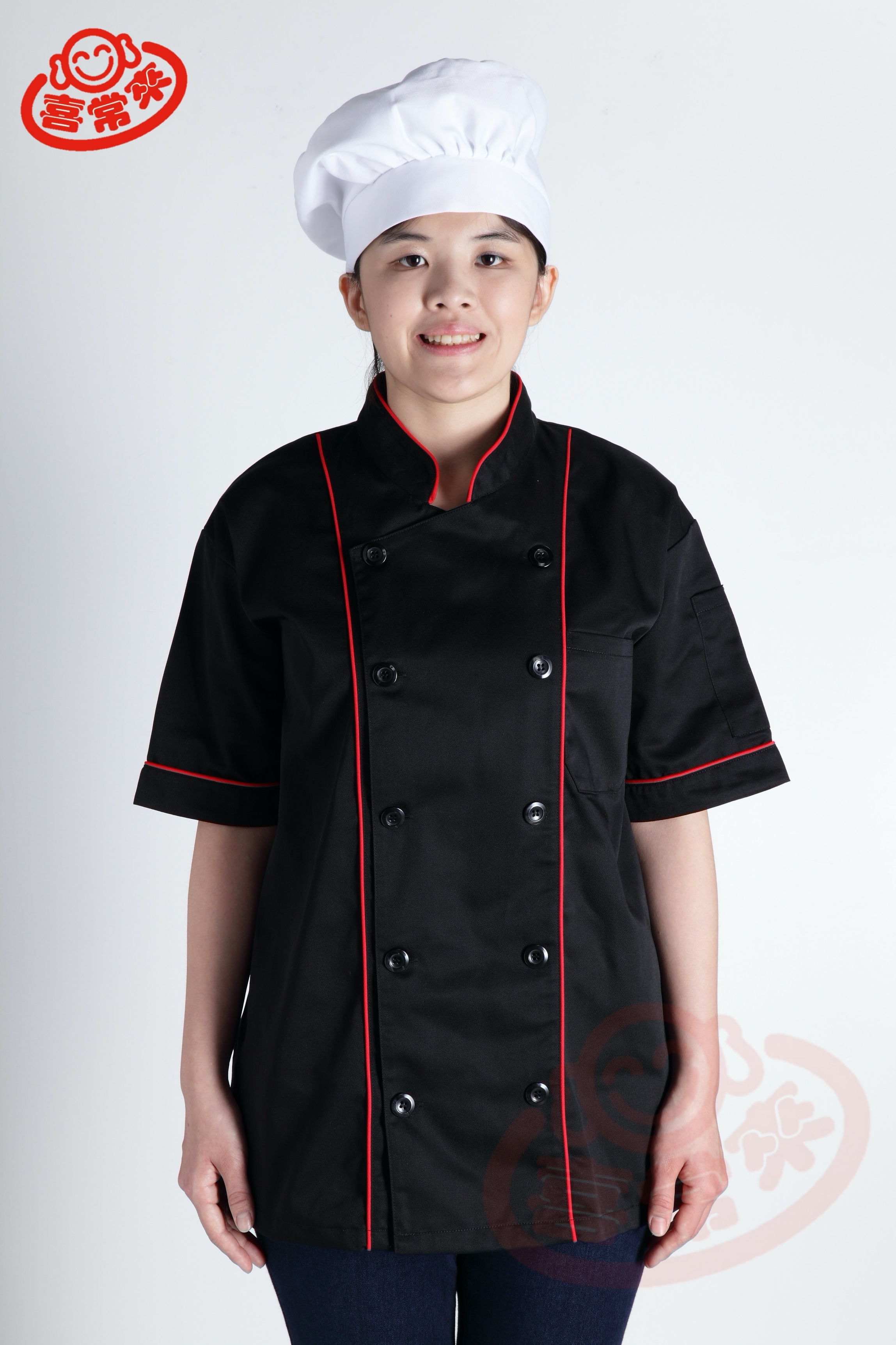 #9779 薄黑領、短袖滾紅雙并-雙黑釦