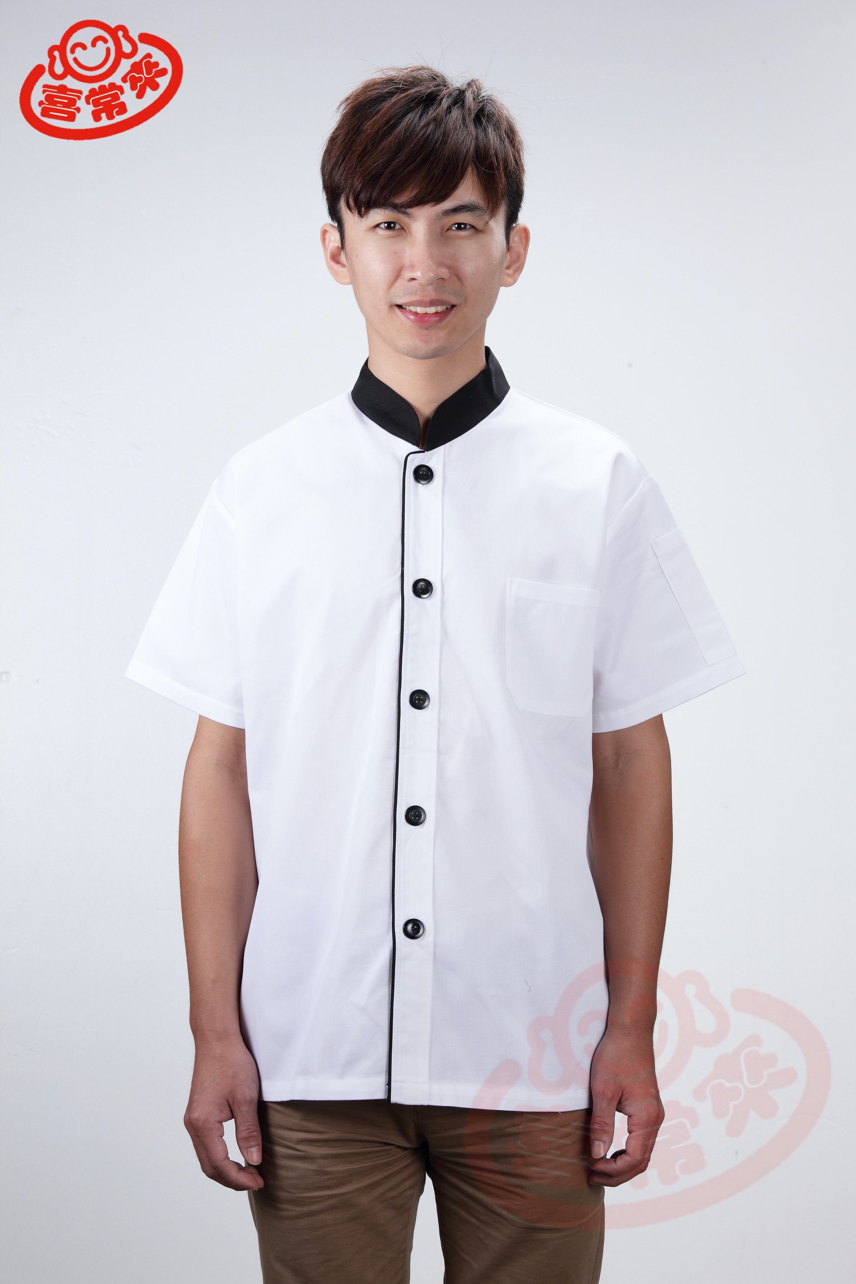 #9787 黑領前襟滾黑短袖-單黑釦