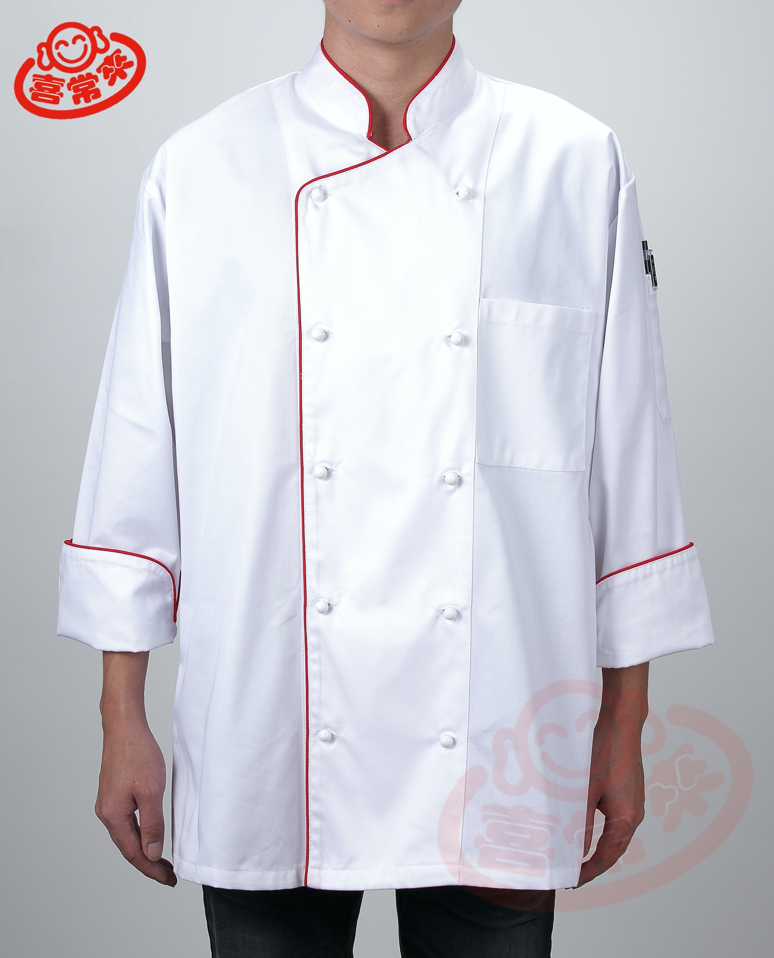 #9750 領、前襟袖口滾紅長反褶-雙安釦<訂製款>