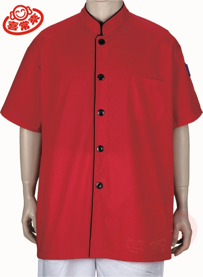 #9737 薄紅/領、前襟滾黑短袖-單黑釦<訂製款>